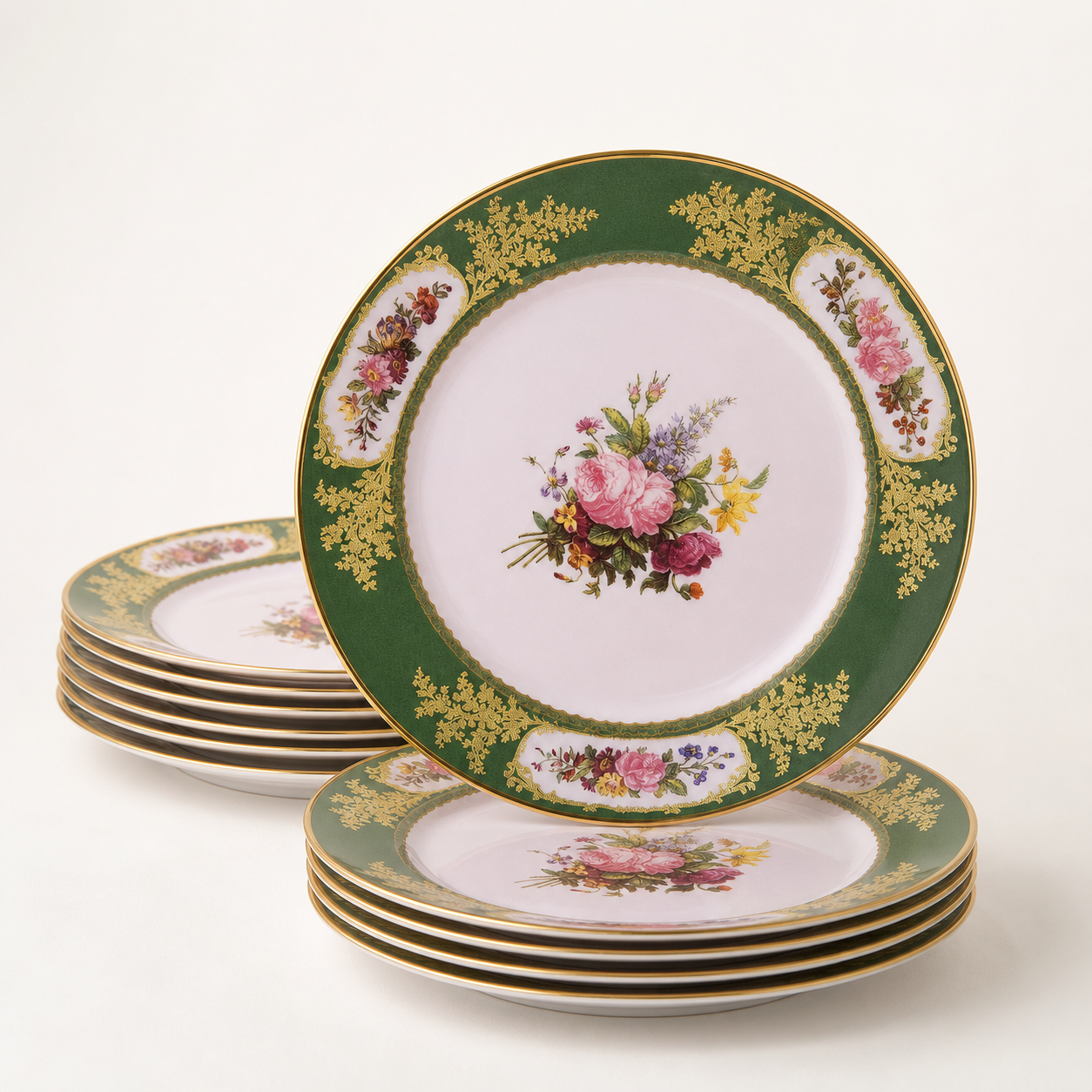 Vintage floral green and gold 12-piece dinnerware set