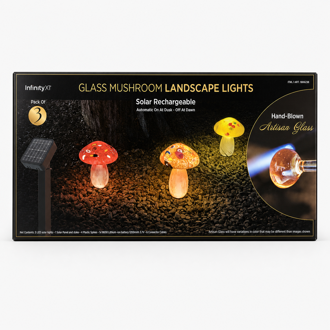 Infinity X1 Glass Mushroom Solar Landscape Lights, 3-pack