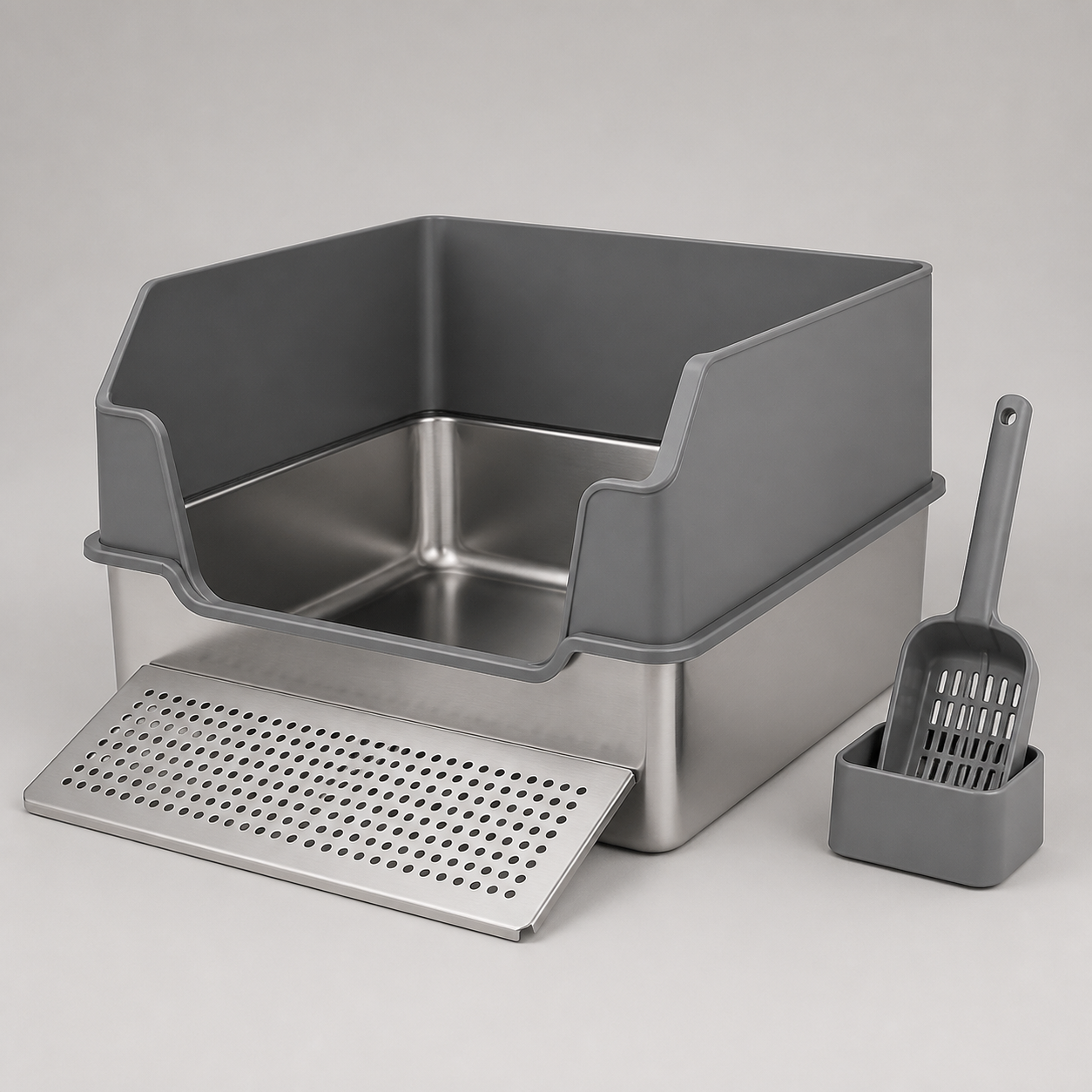 Extra-large semi-enclosed stainless steel cat litter box system