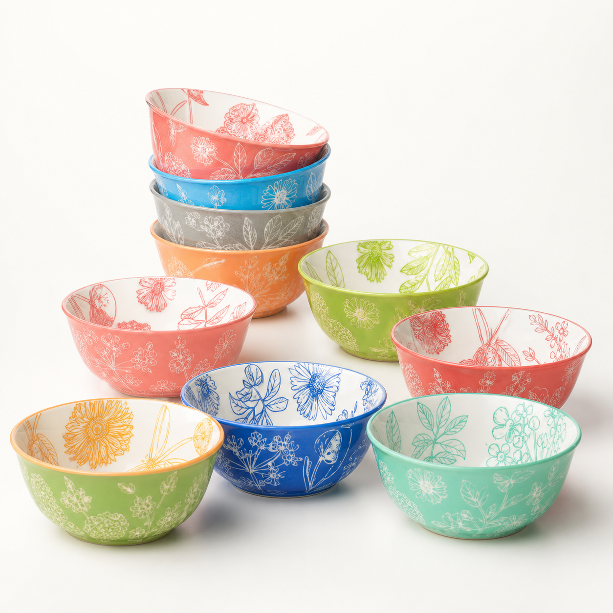 Certified International Botanical ten-piece colorful stoneware bowl set