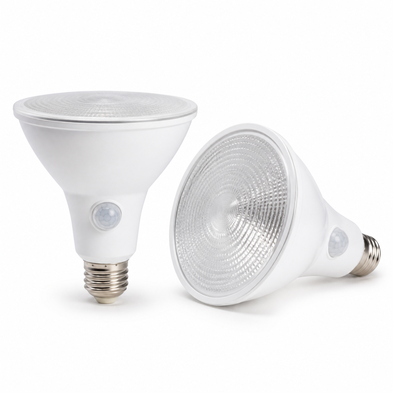 Two motion-activated PAR38 LED flood bulbs