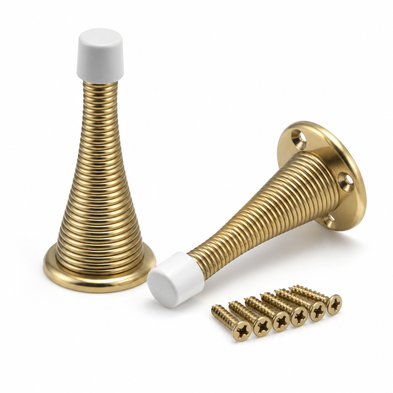 Two brass spring door stops with white protective tips