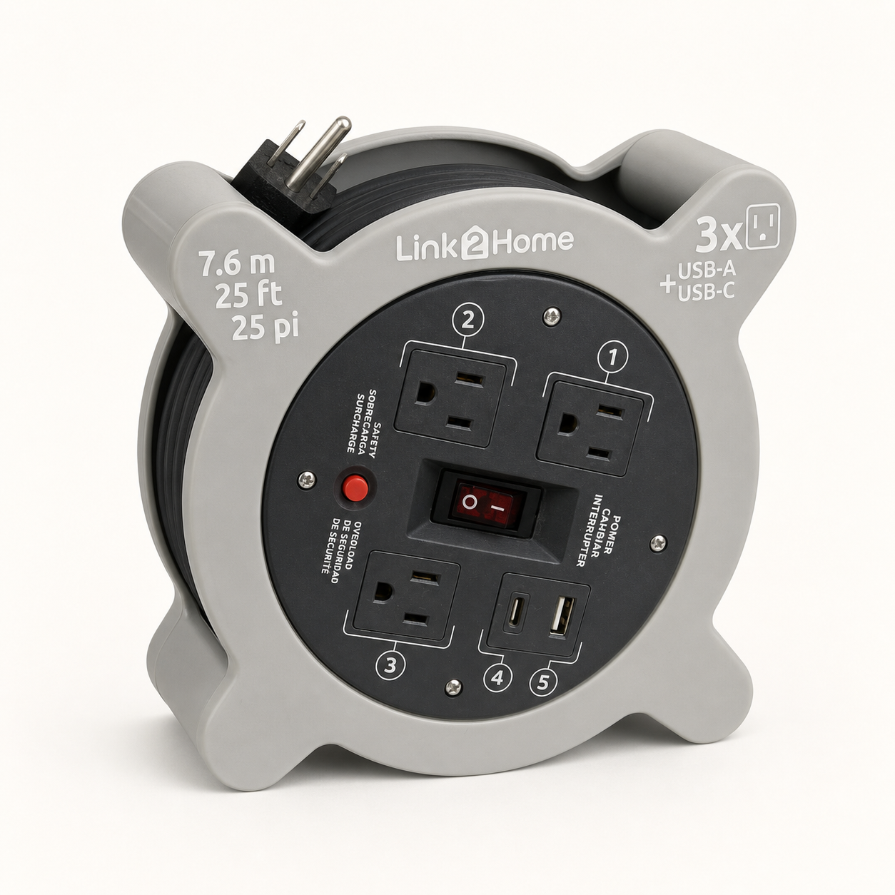 Link2Home 25-foot cord reel with three outlets and USB-A USB-C ports