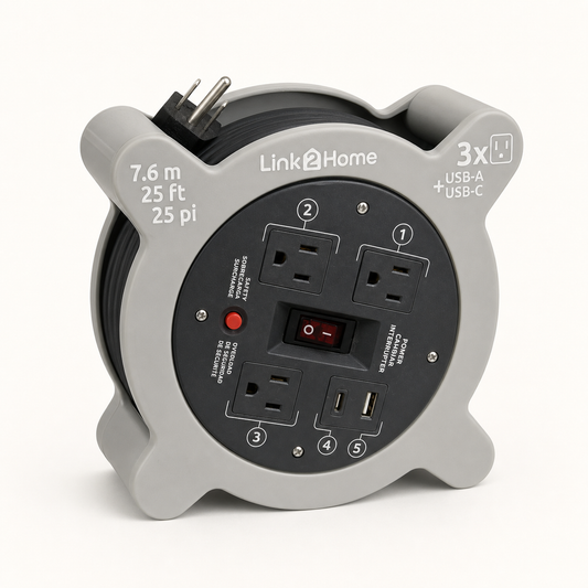 Link2Home 25-foot cord reel with three outlets and USB-A USB-C ports