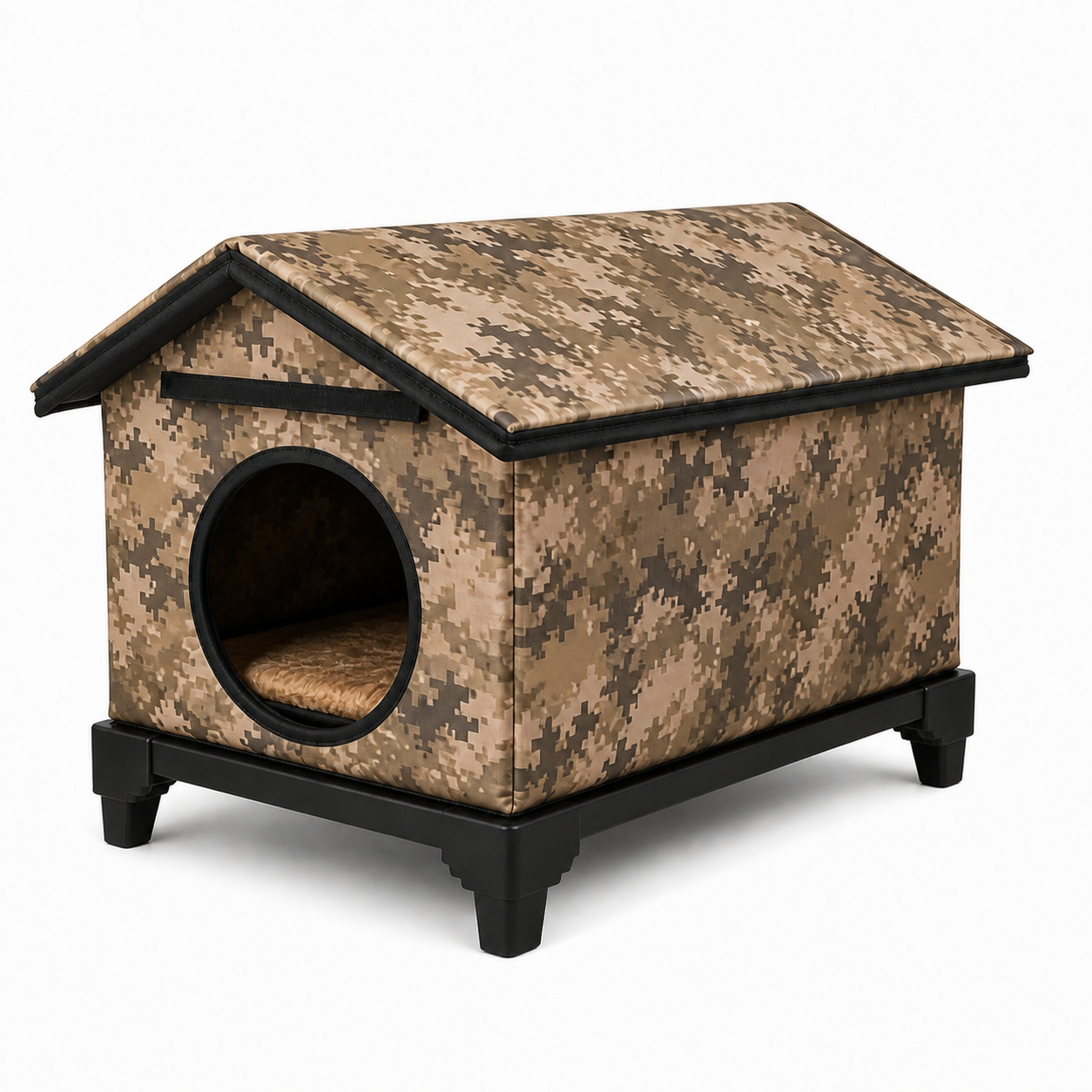 Clawsable large heated outdoor cat shelter in desert camouflage, shelter-only version with no camera