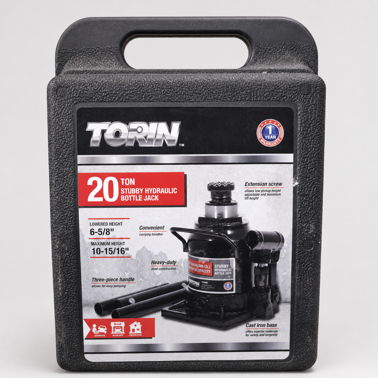 Torin 20-ton stubby hydraulic bottle jack in carrying case