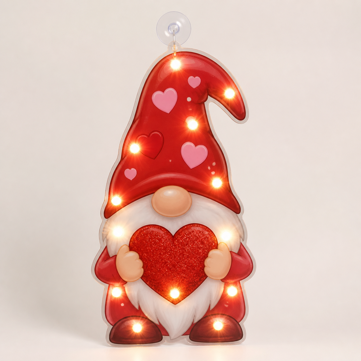 Valentine's lighted gnome window decoration